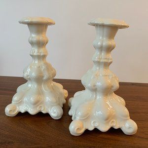 Pair of Ornate White Ceramic Candle Sticks
